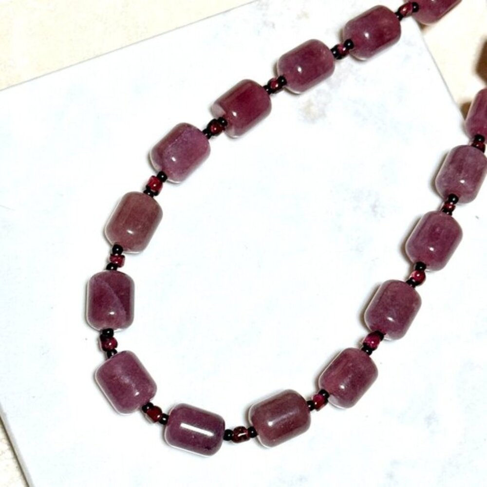 Purple Chalcedony Garnet Matinee Necklace, Genuine Gemstone Beaded Necklace